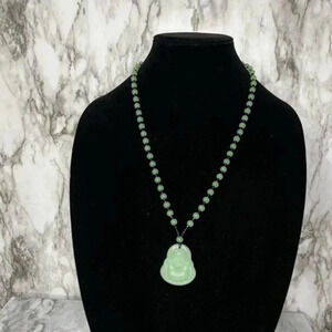JADE light Green Hand Carved Maitreya Buddah Pendant Necklace